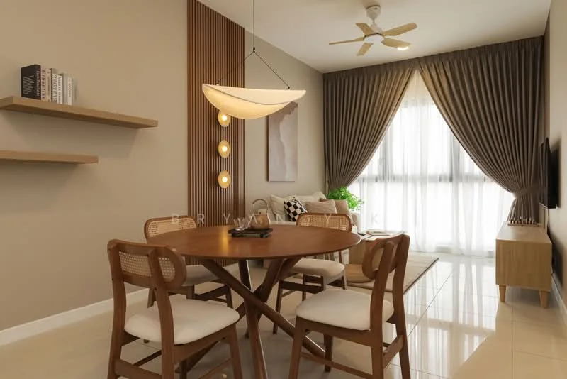 Dining features: round wooden dining table, 4 upholstered dining chairs, pendant lamp with three bulbs, wall-mounted TV, floor-to-ceiling windows, sheer curtains, dark wood accent wall, light beige painted walls, polished tile flooring, ceiling fan with light; style: modern.