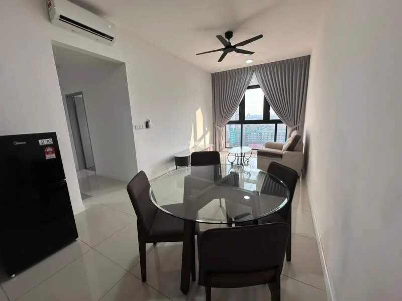 Dining features: round glass dining table, 4 upholstered dining chairs in brown, white painted walls, tile flooring, 5-blade ceiling fan with light, floor-to-ceiling windows, curtains, air conditioning unit, decorative side table, sofa in light color; style: modern; view: city.