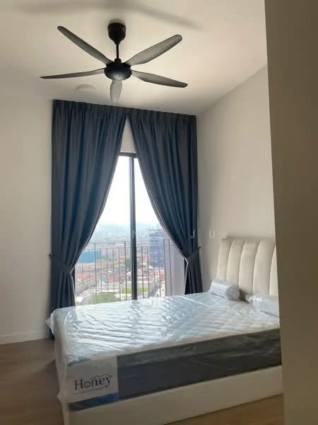 Bedroom features: king-size bed, upholstered headboard, floor-to-ceiling window, grey curtains, 5-blade ceiling fan, wooden flooring, decorative wall, city view; style: modern; view: city.