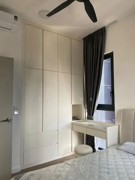 Bedroom features: built-in wardrobe with white cabinetry, desk with drawer, upholstered bed frame, grey curtains, floor-to-ceiling window, ceiling fan, wall-mounted air conditioning unit, light-colored walls, laminate flooring; style: modern.