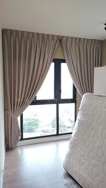 Room features: floor-to-ceiling windows, sheer curtains, beige curtains, light wood flooring, mattress leaning against wall, neutral wall color; style: modern; view: garden.