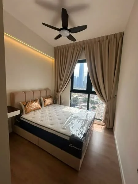 Bedroom features: king-size bed, upholstered headboard, bedside lamps, floor-to-ceiling windows, curtains, 5-blade ceiling fan with light, wooden flooring, decorative wall lighting, wall-mounted shelf; style: modern; view: city.