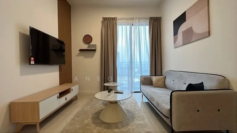 Living features: 3-seater fabric sofa in light grey, wooden TV console with white and wood finish, wall-mounted flat-screen TV, round coffee table with white top and beige base, area rug with neutral color, floor-to-ceiling windows with sheer curtains, decorative wall art, light-colored walls, recessed lighting; style: modern; view: city.
