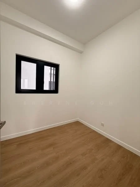 Room features: white painted walls, wooden flooring, black framed window, single window, no visible furniture, neutral decor, bright ceiling light; style: modern.