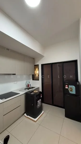 Kitchen features: light grey cabinetry, black countertop, built-in stove, built-in oven, black refrigerator, washing machine, white tiled backsplash, ceramic tile flooring, recessed ceiling lights, sliding glass door, kitchen sink, wall-mounted cabinets; style: modern.