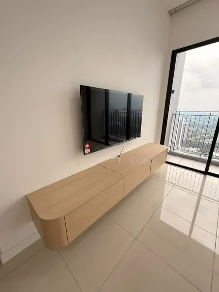 Living features: wall-mounted TV, light wood TV console, glossy tile flooring, large glass sliding door, balcony access, neutral wall color, city view, minimalist decor; style: modern; view: city.