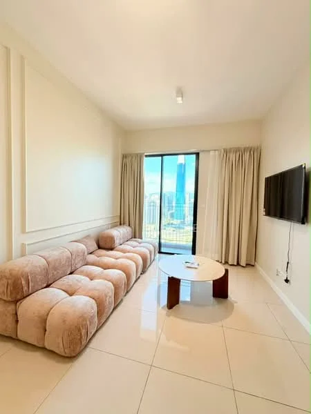 Living features: beige fabric sectional sofa, white coffee table, floor-to-ceiling windows, city skyline view, light-colored painted walls, recessed ceiling lights, cream curtains, glossy tile flooring; style: modern; view: city.