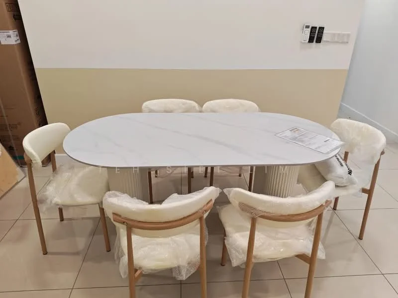 Dining features: oval marble dining table, 6 upholstered dining chairs, wooden chair legs, white fabric chair cushions, neutral wall colour, tile flooring, decorative wall panel, menu or brochure on table; style: modern.
