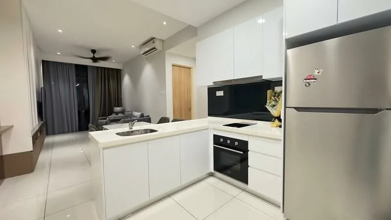 Kitchen features: white cabinetry, black countertop, stainless-steel sink, chrome pull-down faucet, built-in oven, 4-burner gas hob, stainless-steel fridge, recessed downlights, wall-mounted split AC, tile flooring, open layout to living area, grey curtains; style: modern; view: living. Living features: 3-seater fabric sofa, armchair, coffee table, TV console, wall-mounted TV, recessed downlights, floor-to-ceiling windows, grey curtains; style: modern.