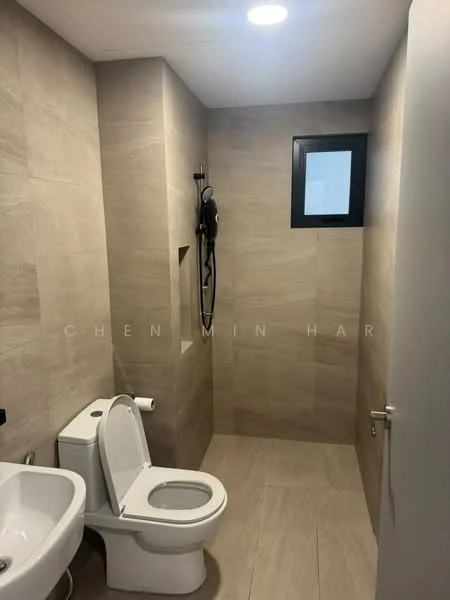 Bathroom features: light beige tile flooring, light beige tile wall cladding, walk-in shower with glass enclosure, chrome handheld shower, one-piece toilet, small window, recessed ceiling light, toilet paper holder; style: modern.