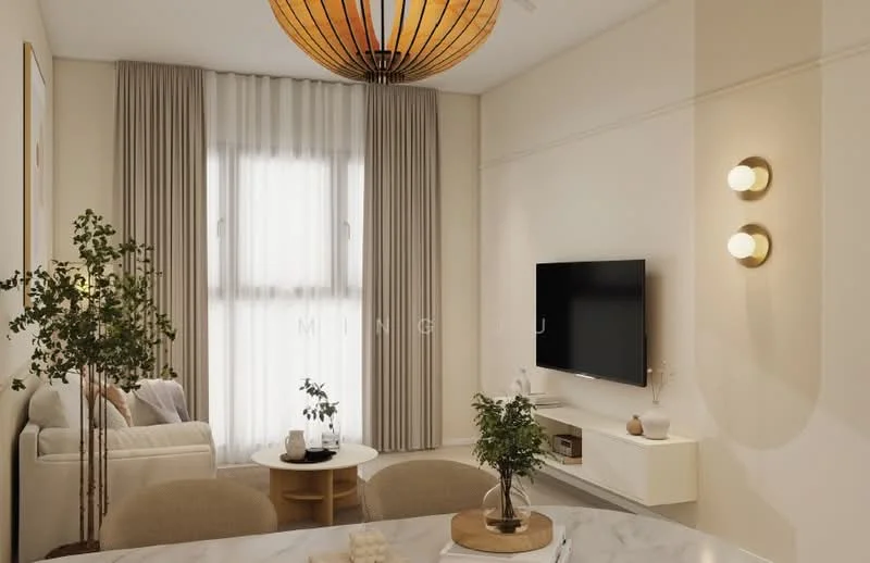 Living features: light wood flooring, white painted walls, floor-to-ceiling windows, sheer curtains, 3-seater fabric sofa in cream, round dining table, upholstered dining chairs, wall-mounted TV, decorative wall sconce, pendant light fixture, indoor plant in ceramic pot, coffee table, area rug; style: modern.
