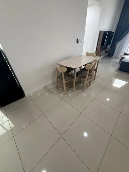 Dining features: square dining table, 4 wooden dining chairs, glossy tile flooring, white painted walls, large window with sheer curtains, wall-mounted TV, sofa in background, decorative wall panel, recessed lighting; style: modern.