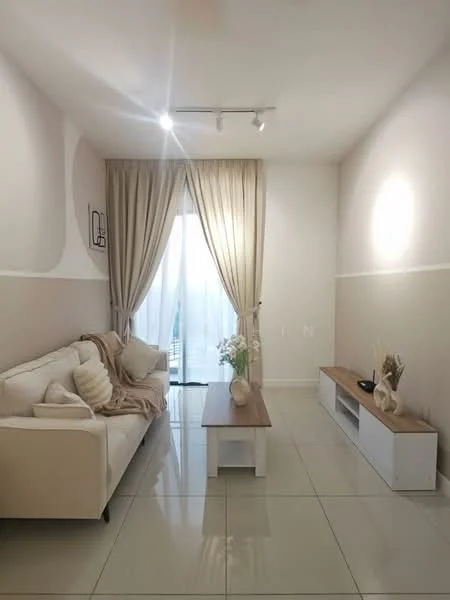 Living features: cream painted walls, white ceiling, recessed downlights, floor-to-ceiling windows, sheer curtains, 3-seater fabric sofa in cream, wooden coffee table, TV console in white with wooden top, decorative vase, houseplants in ceramic pots, area rug, throw pillows; style: modern.