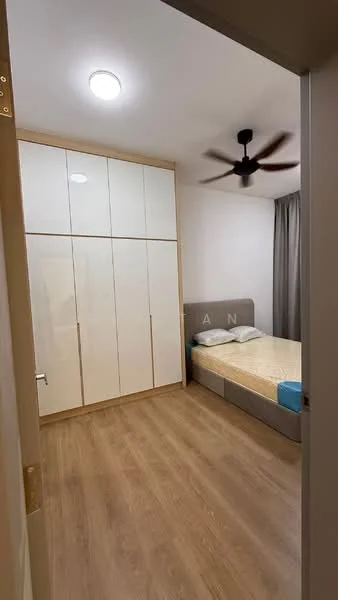 Bedroom features: queen-size bed, upholstered headboard, built-in wardrobe with white glossy finish, wooden flooring, ceiling fan, grey curtains, light fixture on ceiling, decorative wall with letters; style: modern.