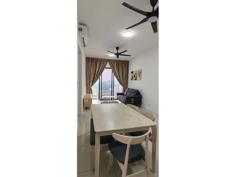 Living features: 3-blade ceiling fan, recessed LED downlights, floor-to-ceiling windows, sliding glass door, curtains, grey leather sofa, dining table with 4 chairs, wall-mounted air conditioning unit, decorative wall art, tile flooring; style: modern; view: city.