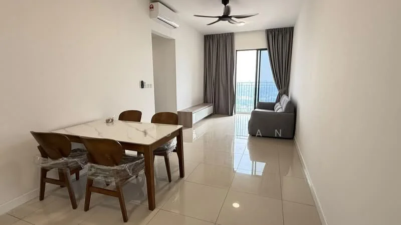 Dining features: 6-seater dining table with white top, wooden dining chairs, polished ceramic tile flooring, recessed downlights, floor-to-ceiling windows, grey curtains, ceiling fan, wall-mounted air conditioning unit, neutral painted walls, sofa in grey fabric, balcony view; style: modern; view: city.