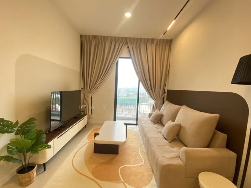 Living features: beige fabric sofa, coffee table, wall-mounted TV, TV console, area rug with abstract pattern, floor-to-ceiling windows, sheer curtains, blackout curtains, decorative plant in pot, wall-mounted lamp, light-colored walls, accent wall in dark brown, recessed lighting; style: modern; view: city.