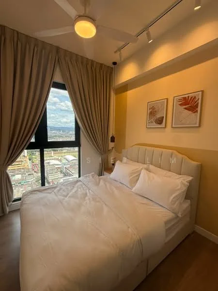 Bedroom features: king-size bed with upholstered headboard, white bedding, two bedside pillows, floor-to-ceiling window, curtains in light beige, wooden flooring, recessed downlights, 5-blade ceiling fan with light, framed artwork on walls, decorative wall with light yellow paint; style: modern; view: city.