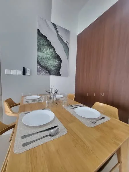 Dining features: wood dining table, 4 wooden dining chairs, white plates, silver cutlery, table placemats, decorative wall art, light grey walls, wood panel accent wall; style: modern.