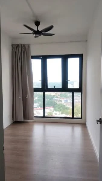 Room features: light wood laminate flooring, white painted walls, floor-to-ceiling windows, black window frames, curtains, 5-blade ceiling fan, city view; style: modern; view: city.