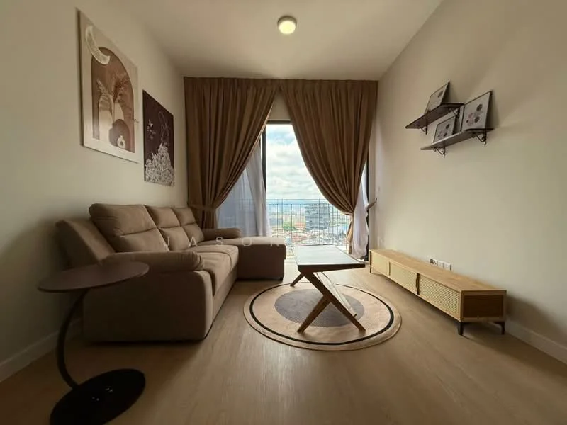 Living features: 3-seater fabric sofa in beige, round coffee table, wooden TV console, area rug with circular pattern, floor-to-ceiling windows, curtains in brown, wall-mounted shelves, framed artwork on walls, laminate flooring, recessed ceiling light; style: modern; view: city.
