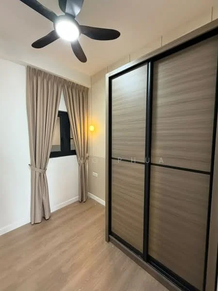 Room features: wooden flooring, white painted walls, black framed sliding wardrobe, curtains in beige, ceiling fan with light, window with black frame, wall-mounted light fixture; style: modern.