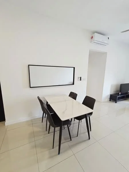 Dining features: white marble dining table, 4 black dining chairs, white painted walls, glossy tile flooring, wall-mounted mirror, wall-mounted air conditioning unit, TV console in background, floor-to-ceiling windows; style: modern.