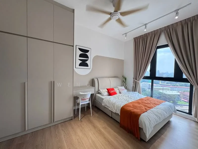 Bedroom features: queen-size bed with upholstered headboard, white bedding with orange throw blanket, built-in wardrobe with sliding doors, wooden flooring, floor-to-ceiling window, curtains, ceiling fan, wall-mounted artwork, small study table with chair; style: modern; view: city.