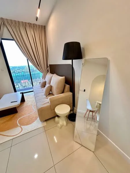 Living features: beige fabric sofa, coffee table, white side table, full-length mirror, floor lamp with black shade, curtains, tile flooring, wall-mounted TV, decorative area rug; style: modern; view: city.
