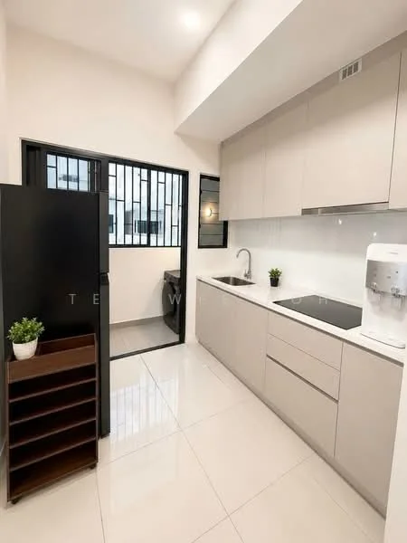 Kitchen features: light grey cabinetry, white countertop, single-bowl stainless-steel sink, chrome pull-down faucet, built-in oven, 4-burner induction hob, stainless-steel fridge, water dispenser, tile backsplash, white walls, glossy tile flooring, window with security bars, open shelving, plant in ceramic pot; style: modern.