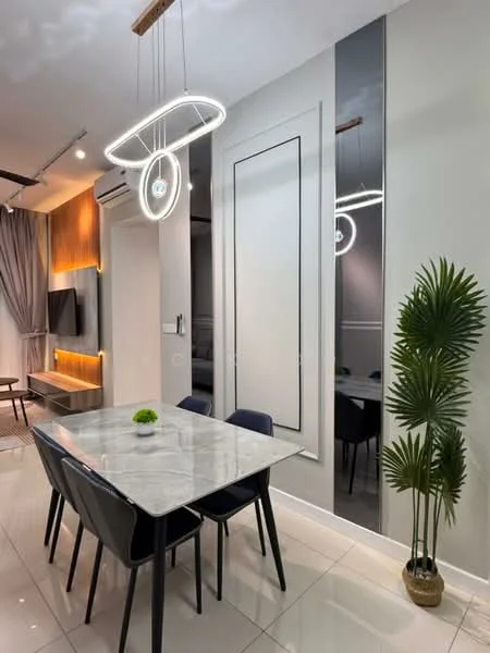Dining features: marble dining table, 4 black dining chairs, pendant light fixture, grey wall, mirror wall, air conditioning unit, decorative plant, recessed lighting, wood accent wall, floor-to-ceiling window treatments; style: modern.