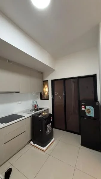 Kitchen features: white cabinetry, black countertop, built-in stove, single-bowl stainless-steel sink, chrome pull-down faucet, front-load washing machine, black fridge, tile flooring, recessed ceiling lights, sliding glass door, wall-mounted cabinets; style: modern.