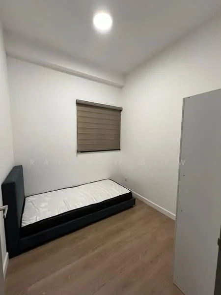 Bedroom features: single bed frame, mattress base without mattress, white painted walls, wooden flooring, roller blinds on window, ceiling light fixture, built-in wardrobe, minimalist decor; style: modern.