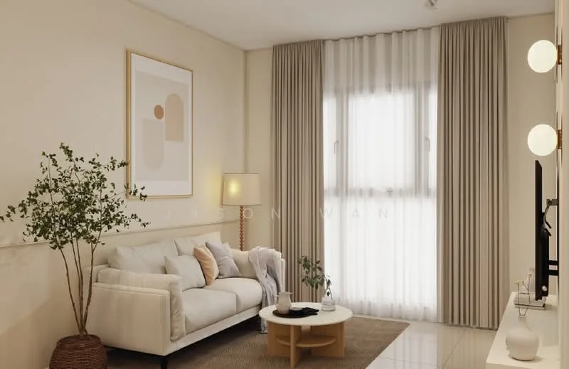 Living features: cream painted walls, white ceiling, floor-to-ceiling windows, sheer curtains, 3-seater fabric sofa in white, round coffee table, area rug with neutral color, decorative plant in ceramic pot, framed artwork on wall, wall-mounted TV, light fixture with globe bulbs; style: modern.