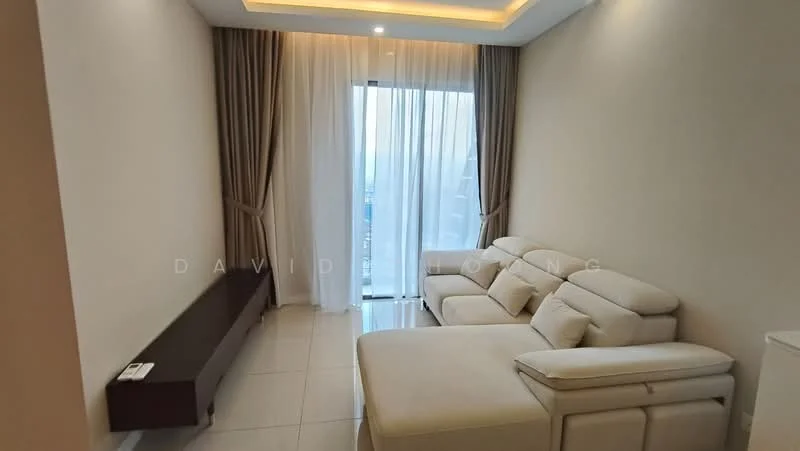 Living features: light-colored leather sectional sofa, white walls, recessed ceiling lights, floor-to-ceiling windows, sheer curtains, dark wooden TV console, tile flooring, neutral color scheme; style: modern; view: city.
