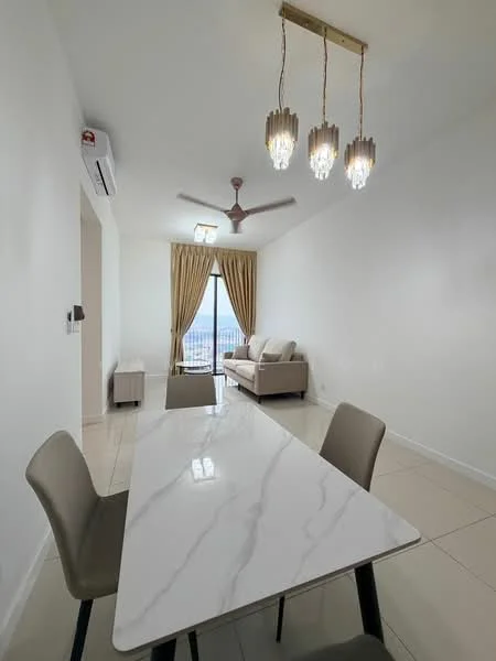Dining features: marble dining table, 4 dining chairs, 3-blade ceiling fan with light, recessed downlights, cream curtains, floor-to-ceiling window with city view, light-colored tiled flooring, wall-mounted split AC; style: modern; view: city. Living features: beige fabric sofa, coffee table, decorative wall, light-colored walls; style: modern; view: city.