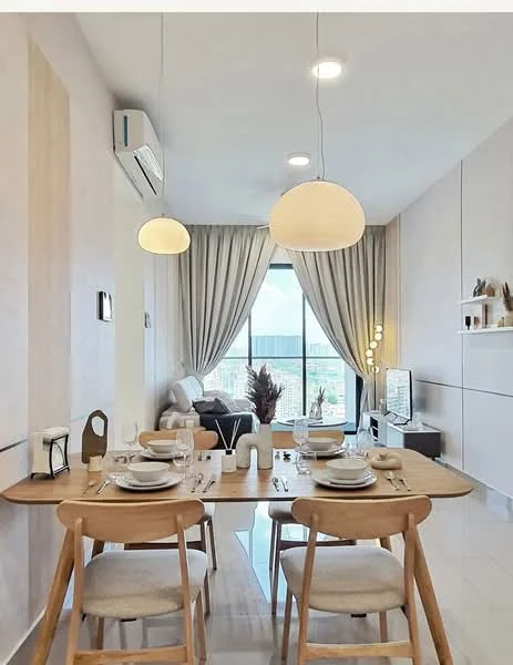 Dining features: 6-seater dining table, wooden dining chairs, white table setting, decorative vase, table runner, pendant lighting, wall-mounted TV, floor-to-ceiling windows, sheer curtains, air conditioning unit, light-colored walls, polished tile flooring; style: modern; view: city. Living features: sofa, decorative cushions, floor lamp, coffee table, wall-mounted shelving, decorative items, TV console; style: modern; view: city.