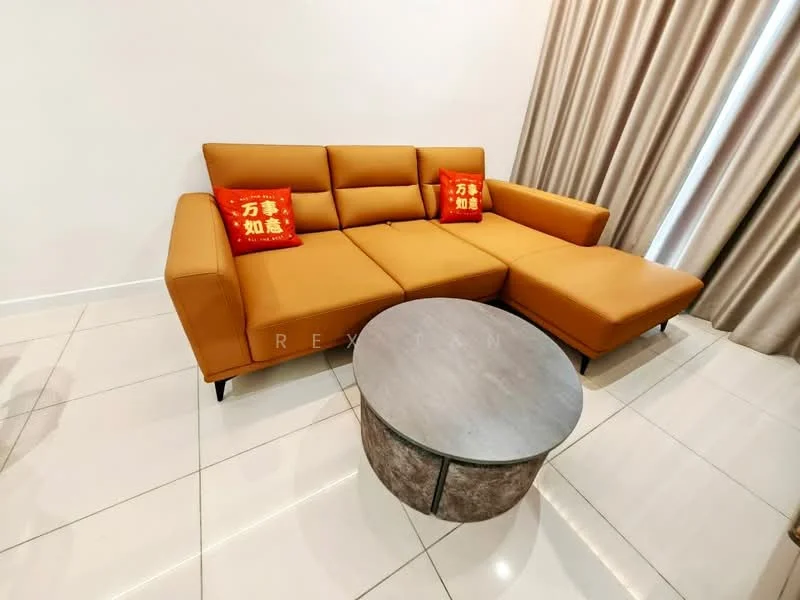 Living features: L-shape sectional sofa in orange, two red decorative cushions, round coffee table with grey top and metallic base, white painted walls, cream curtains, glossy tile flooring; style: modern.