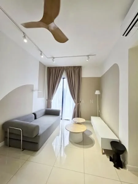 Living features: grey fabric sofa, 2 round coffee tables, white console table, black stool, floor-to-ceiling windows, sheer curtains, recessed downlights, 5-blade ceiling fan, glossy tile flooring, light beige painted walls, accent wall with arch, wall-mounted lamp; style: modern.