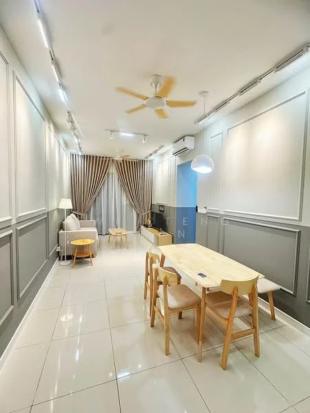 Living features: white painted walls with wainscoting, grey accent wall, glossy tile flooring, 5-blade ceiling fan with light, recessed downlights, large window with sheer curtains, sofa in white fabric, wooden dining table, 4 wooden dining chairs, decorative floor lamp, wall-mounted TV, built-in cabinetry; style: modern.