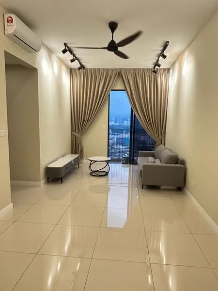 Living features: white painted walls, glossy tile flooring, 5-blade ceiling fan with light, floor-to-ceiling windows, sheer curtains, grey fabric sofa, round coffee table, decorative wall light, recessed downlights; style: modern; view: city.