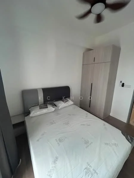 Bedroom features: queen-size bed, upholstered headboard, bedside table, built-in wardrobe, ceiling fan, white painted walls, wooden flooring, window with curtain; style: modern.