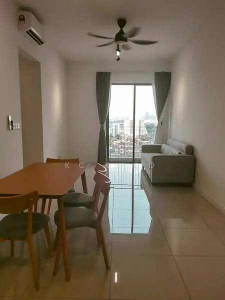 Living features: grey fabric sofa, 4-seater dining table, wooden dining chairs, floor-to-ceiling windows, sliding glass door, curtains, ceiling fan with light, glossy tile flooring, city view, wall-mounted air conditioning unit; style: modern; view: city.