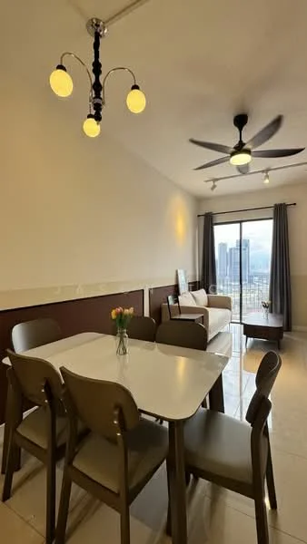 Dining features: 6-seater dining table, grey upholstered dining chairs, pendant light fixture with 4 bulbs, ceiling fan with 3 blades, large window with city view, curtains, white walls, tile flooring; style: modern; view: city. Living features: sofa, coffee table, decorative vase with flowers, wall-mounted TV, area rug; style: modern; view: city.