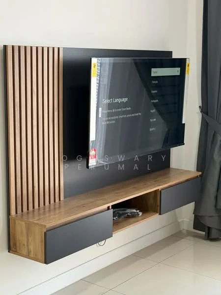Living features: wall-mounted TV, wooden TV console with drawers, black accent wall, wood paneling, glossy floor tiles, curtains, neutral wall color, decorative elements on console; style: modern.
