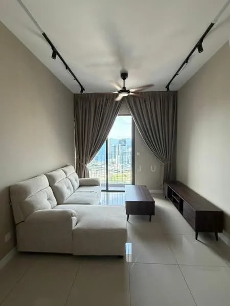Living features: 3-seater fabric sofa in light beige, coffee table in dark wood, floor-to-ceiling windows, sheer curtains, 5-blade ceiling fan with light, recessed downlights, light grey painted walls, glossy tile flooring; style: modern; view: city.