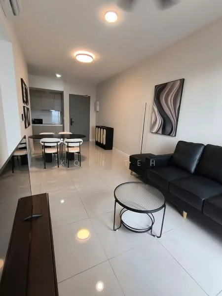 Living features: black leather sofa, glass coffee table, white walls, polished ceramic tile flooring, recessed ceiling lights, ceiling fan, wall-mounted artwork, TV console, dining table with four chairs visible in background; style: modern.