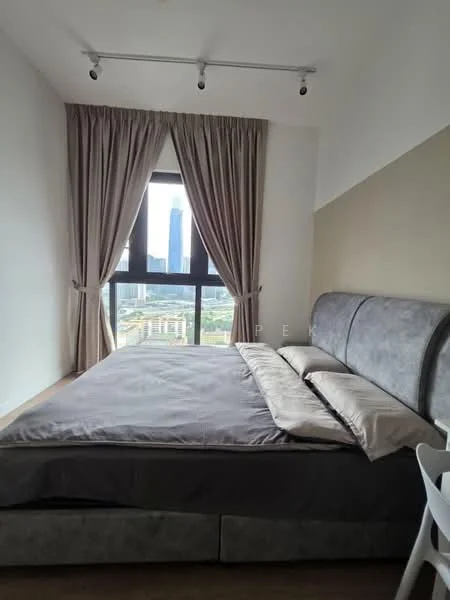 Bedroom features: king-size bed, upholstered headboard, grey bedding, floor-to-ceiling windows, curtains in beige, wooden flooring, city view, decorative wall with light colour; style: modern; view: city.
