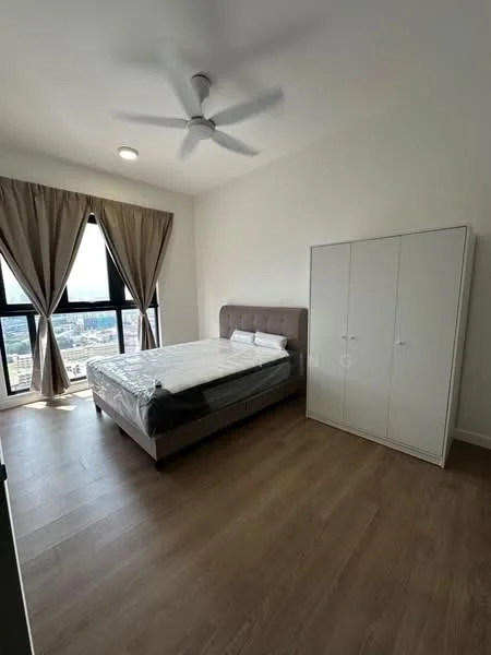 Bedroom features: queen-size bed with grey upholstered headboard, white bedding, 2 bedside pillows, white wardrobe with sliding doors, floor-to-ceiling windows, sheer curtains, 5-blade ceiling fan, laminate wood flooring, light fixture on ceiling, city view; style: modern; view: city.