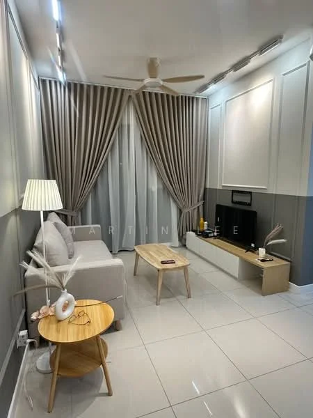 Living features: light grey painted walls, white ceiling with recessed lighting, 5-blade ceiling fan, floor-to-ceiling curtains in grey, light-colored sofa, wooden coffee table, TV console with wall-mounted TV, decorative lamp, decorative accessories on coffee table, white tiled flooring; style: modern.